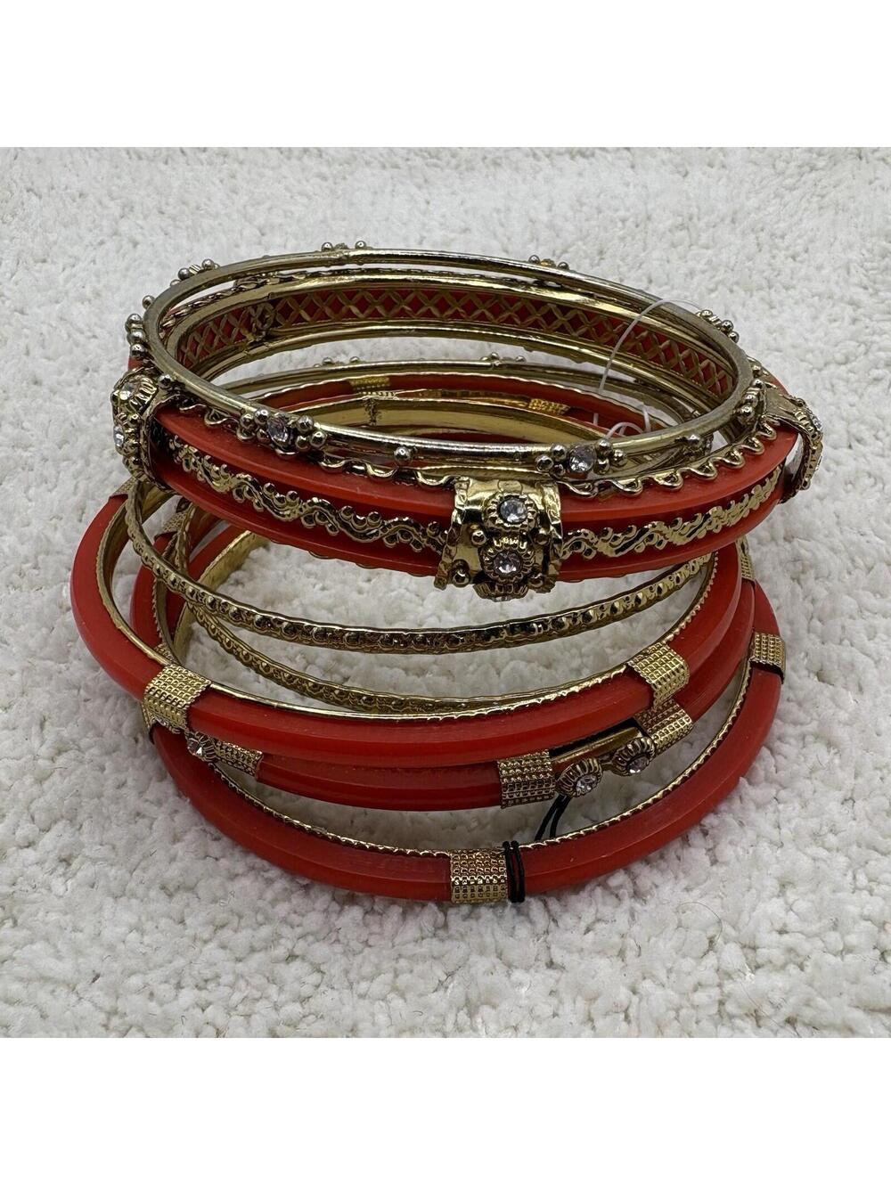 Gold Tone Red Enamel Bangle Bracelet Set Rhinestone Accent Stack Boho Statement